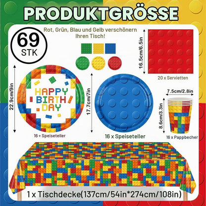 Geburtstag Party Geschirr Set für 16 Gäste – Baustein Design