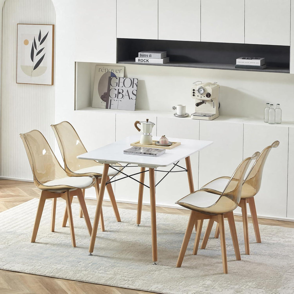 Esszimmerstühle Set 8er – Braune Schale mit weißem PU Sitz