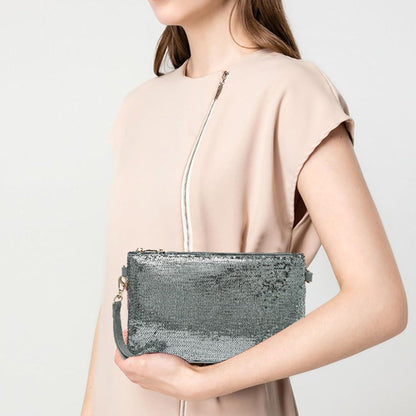Pailletten Mini Clutch mit goldener Kette – Silber