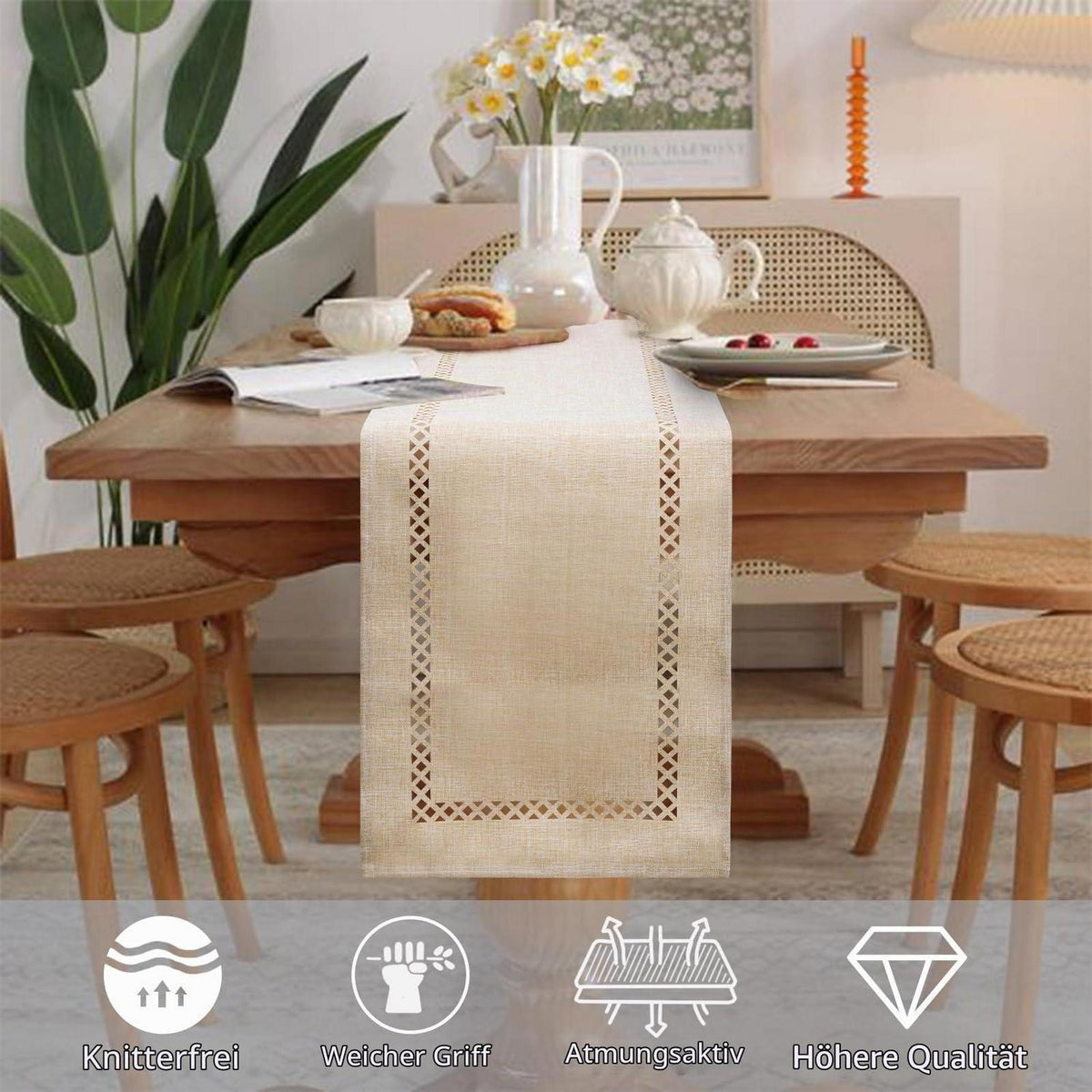 Tischläufer Beige 183x33 cm Leinenoptik Wasserabweisend Modern