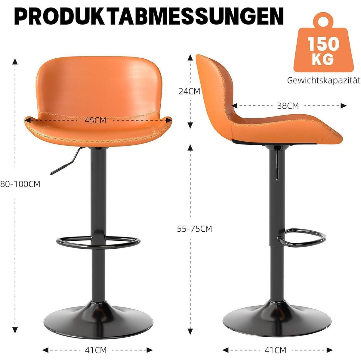 Verstellbarer Barhocker Set (3er) – Orange in Lederoptik
