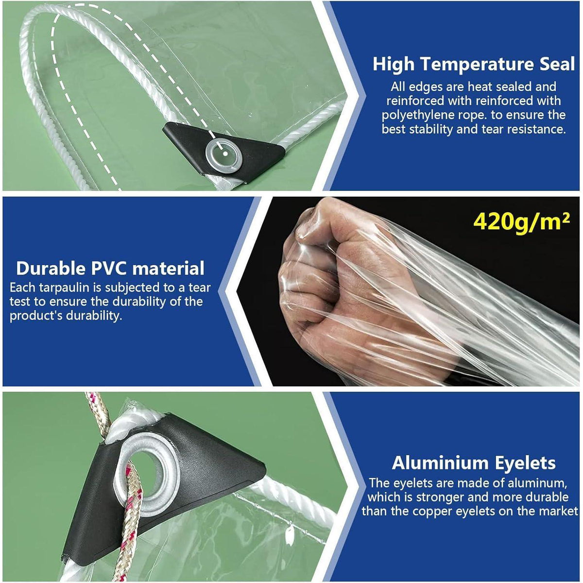 Transparente PVC Plane 2x4m mit Ösen 420g/m² Wasserdicht