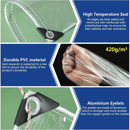 Transparente Abdeckplane 2x5m mit Ösen, 420g/m² PVC, Wasserdicht