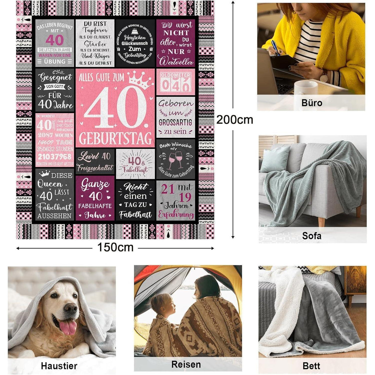 Kuscheldecke 40. Geburtstag Frau 200x150cm Flanell-Fleece