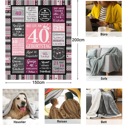 Kuscheldecke 40. Geburtstag Frau 200x150cm Flanell-Fleece