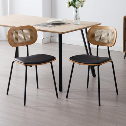 Gepolsterte Esszimmerstühle 2er Set Schwarz mit Rattan Rückenlehne