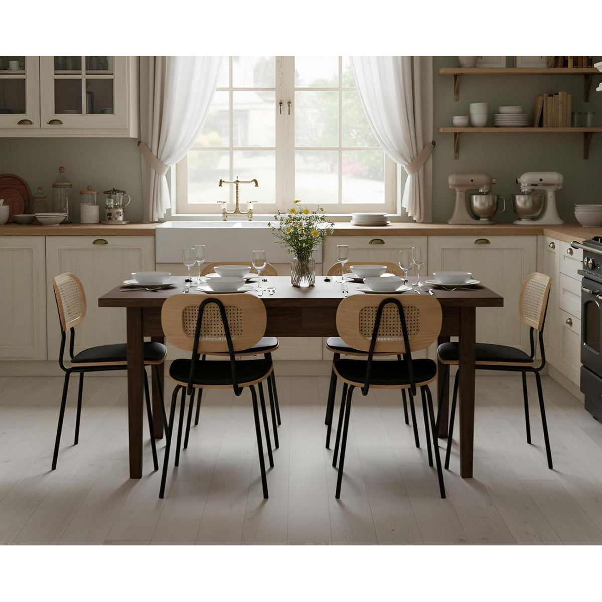 Gepolsterte Esszimmerstühle 2er Set Schwarz mit Rattan Rückenlehne