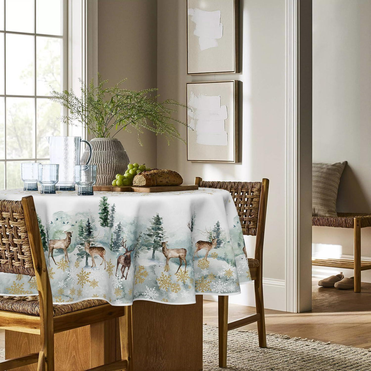 Runde Tischdecke Weihnachten 120cm - Gold, Weiß & Grün