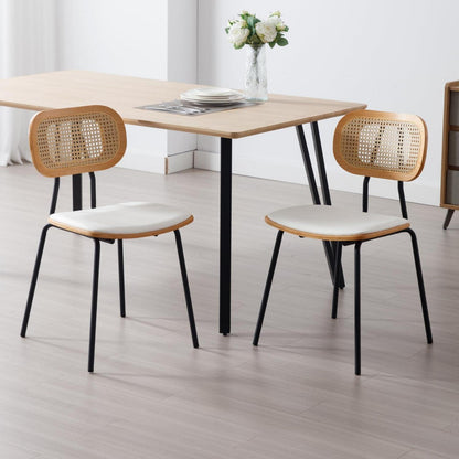Gepolsterte Esszimmerstühle 2er Set Weiß mit Rattan Rückenlehne