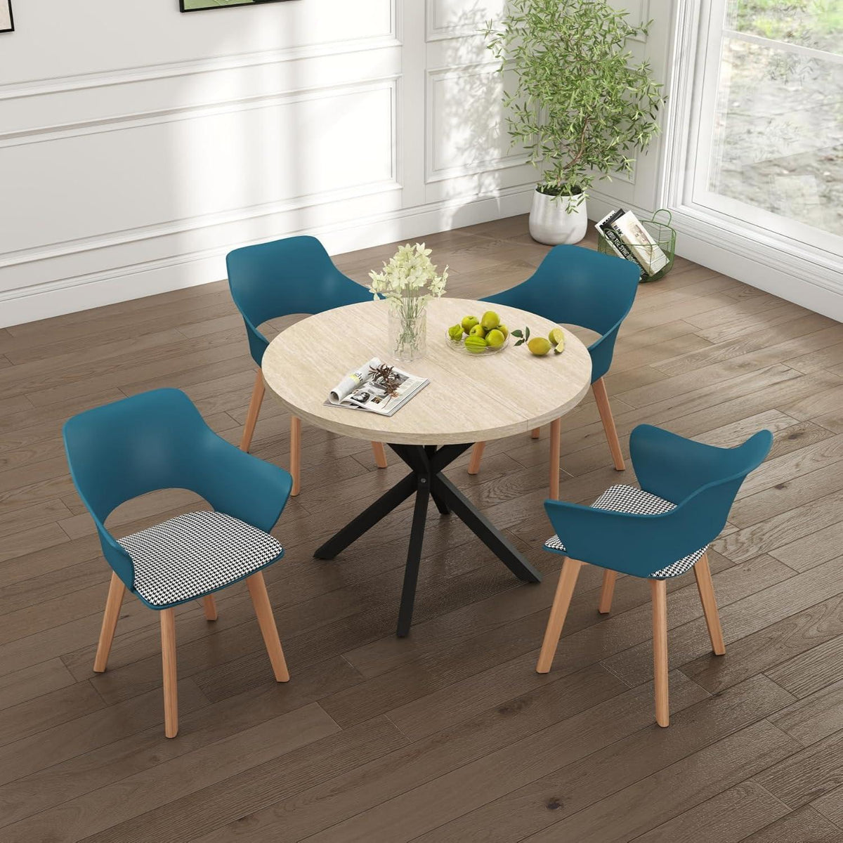Moderner Esszimmerstuhl Set 4er – Nordisch, Blau, Bucheholz