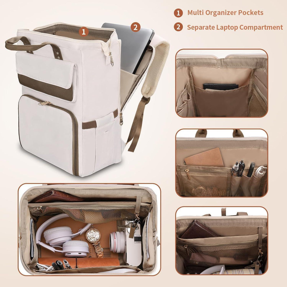 Lunch-Rucksack für Damen Beige 15.6" – Multifunktionaler Laptop-Rucksack