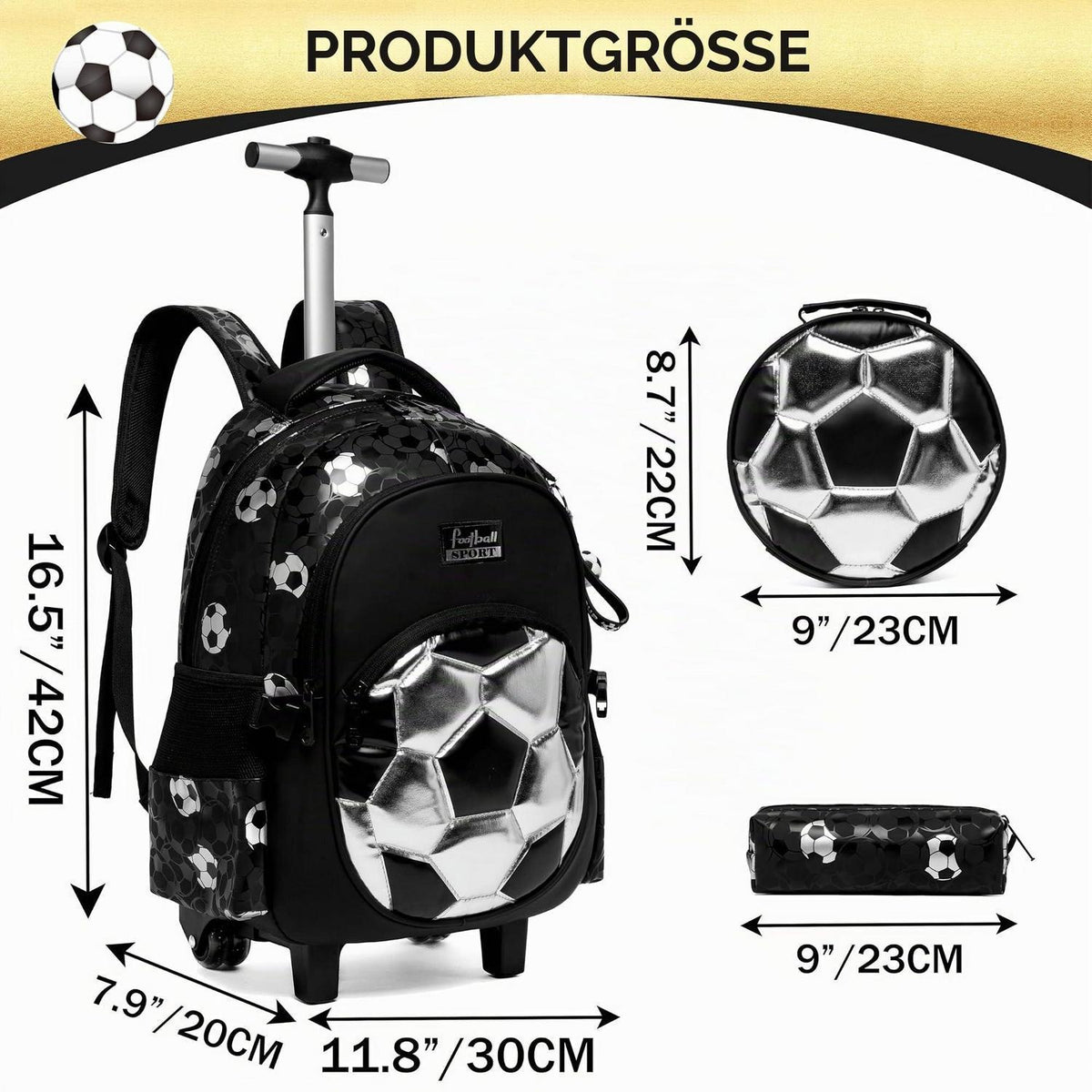 Schultrolley Rucksack mit Rollen – Kinder Fußball Trolley Schwarz