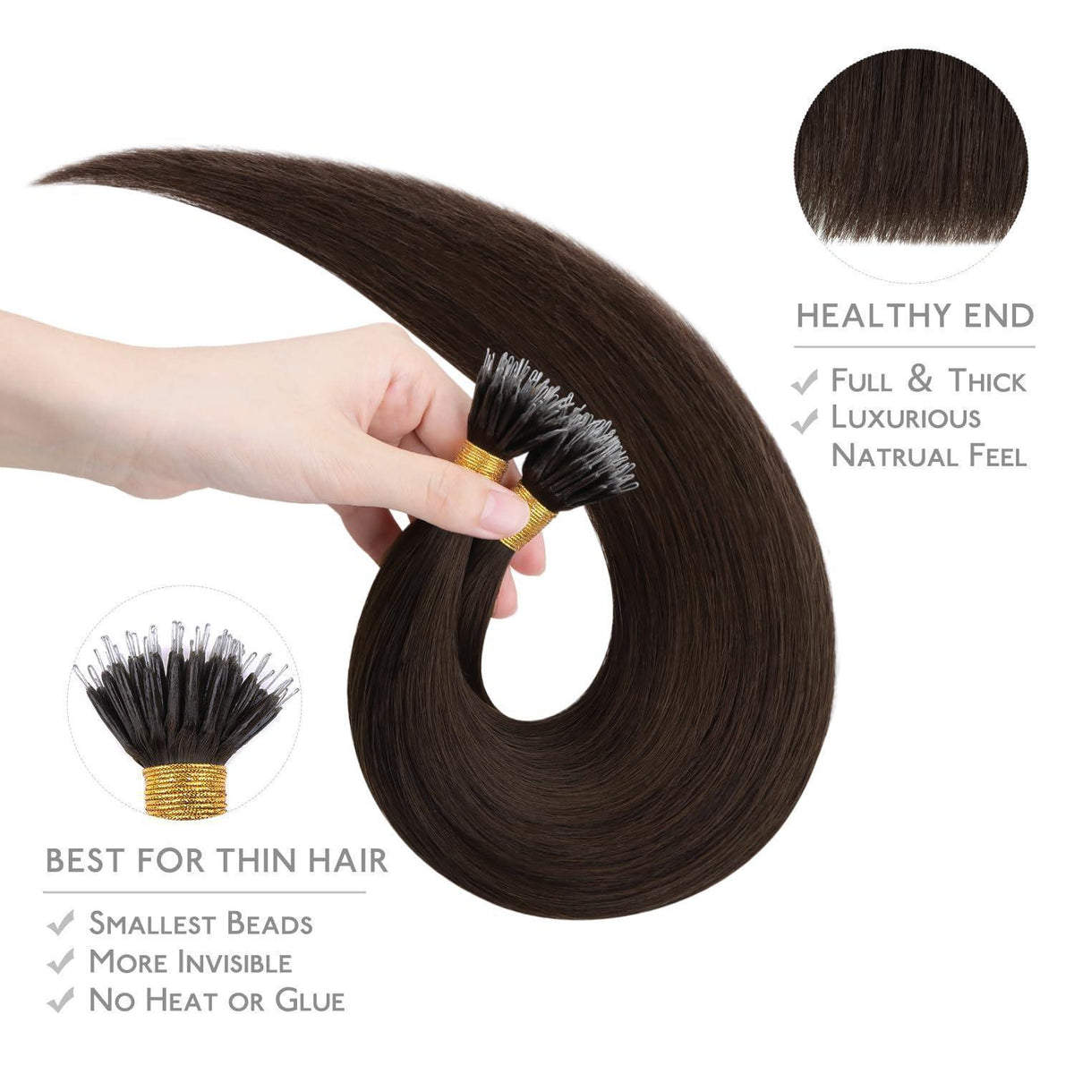 Echthaar Nano Ring Extensions – Hellbraun/Dunkelbraun 55cm