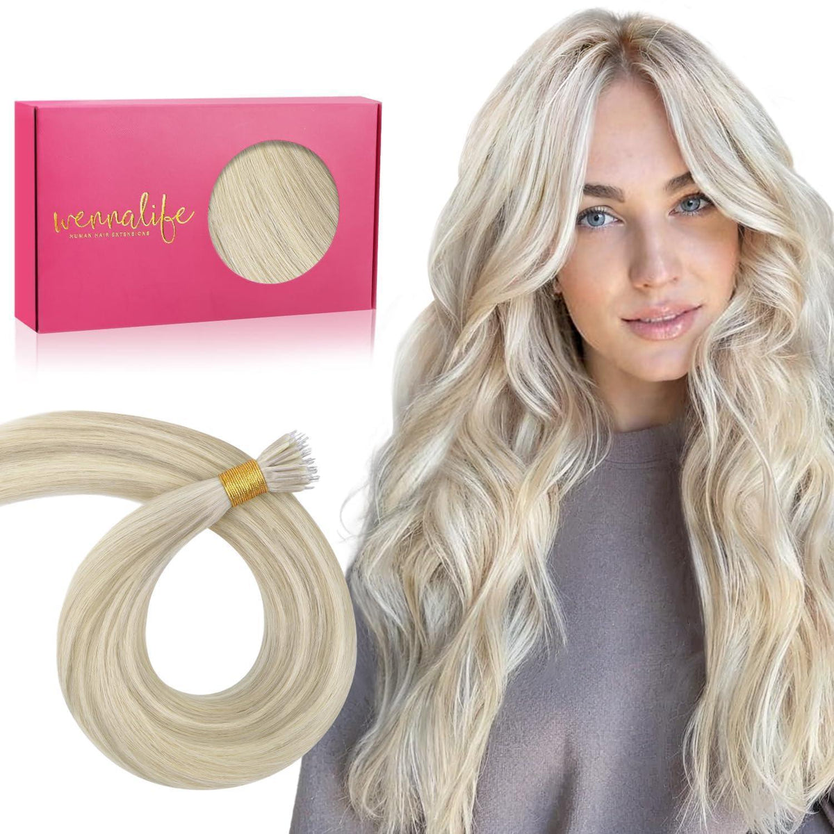 Echthaar Nano Ring Extensions Aschblond Highlights 35cm