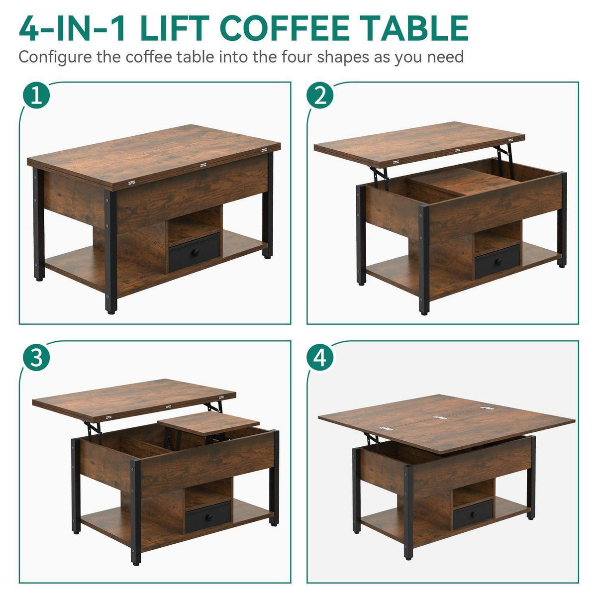 Höhenverstellbarer Couchtisch 4-in-1 mit Stauraum & Lift-Deckel