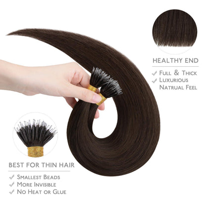 Echthaar Nano Ring Extensions – 60cm, Hellbraun/Dunkelbraun