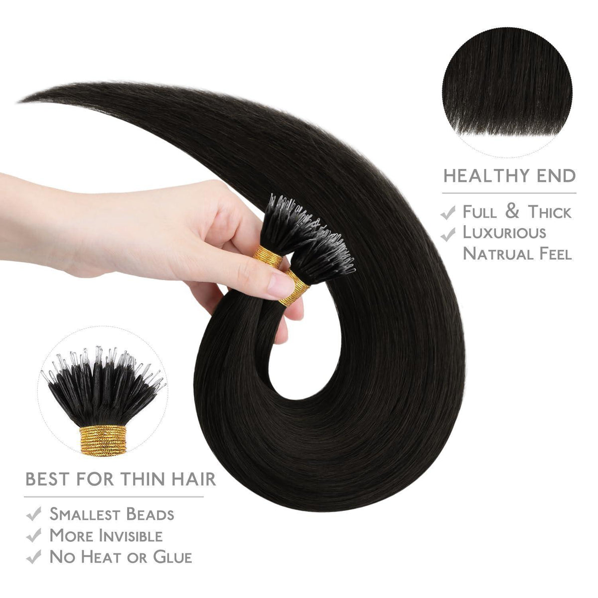 Echthaar Nano Ring Extensions Schwarz 60cm - 50g