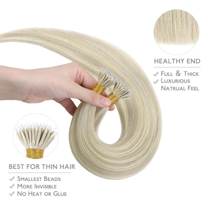 Echthaar Nano Ring Extensions Aschblond Highlights 60cm