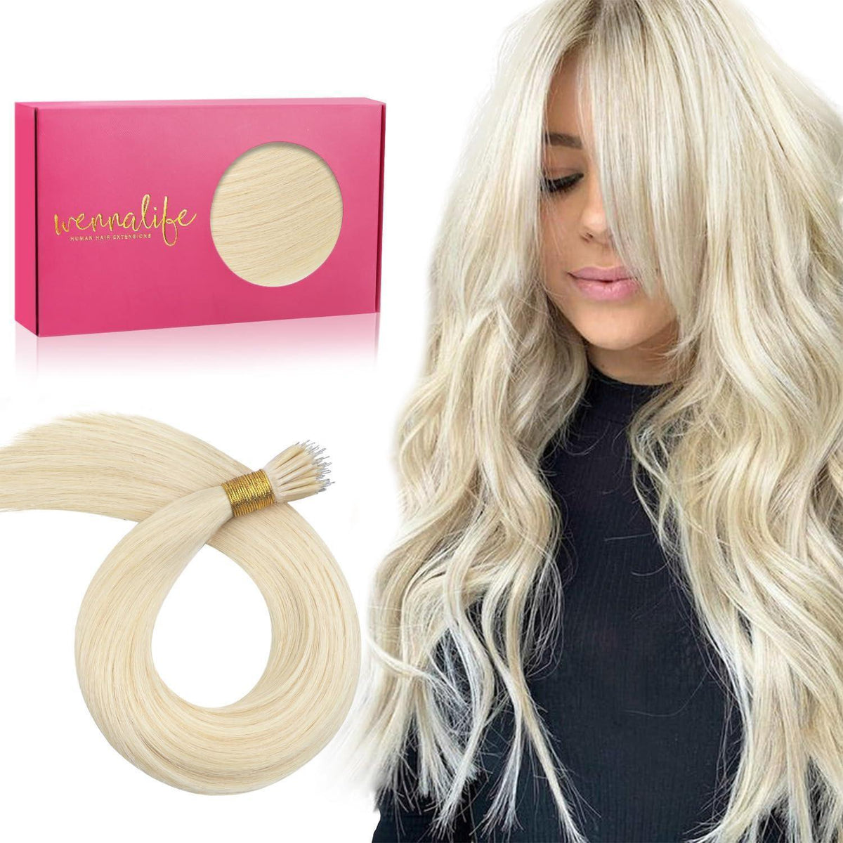 Echthaar Nano Ring Extensions Platinblond 40cm