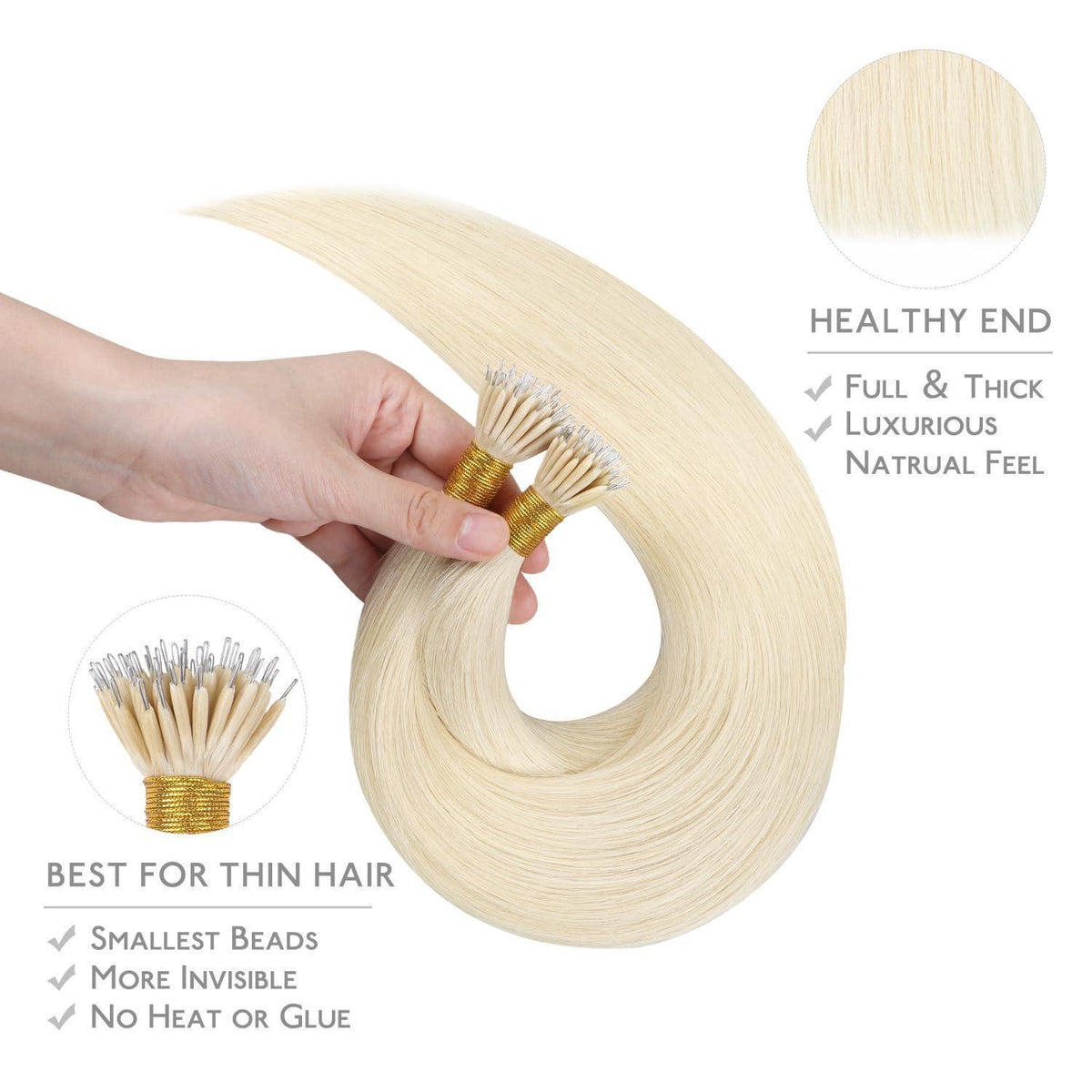 Echthaar Nano Ring Extensions Platinblond 40cm