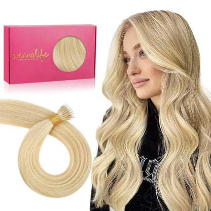 Echthaar Nano Ring Extensions Hellblond mit Gold Highlights 60cm