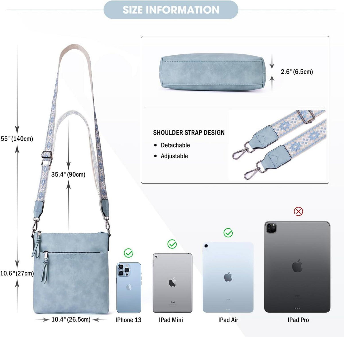 Leichte Vegane Leder Umhängetasche mit RFID Schwarz 6.7 Zoll