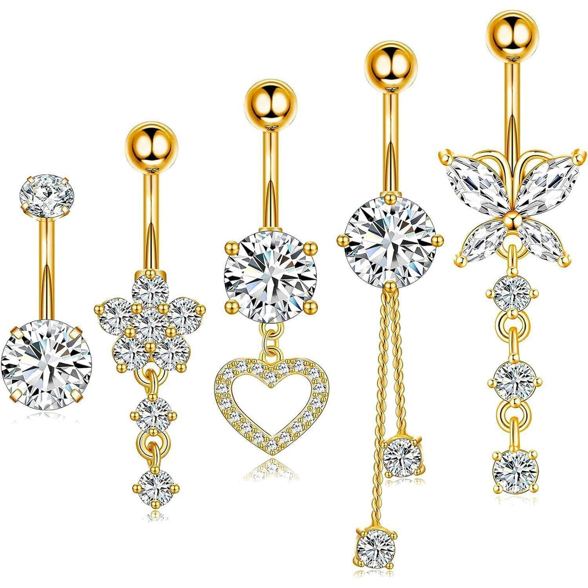 Bauchnabelpiercing Set 5 Stück Chirurgenstahl 10mm Silber Gold Strass Perlen