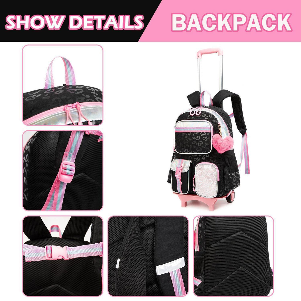 Rollrucksack für Mädchen mit Rädern – 17 Zoll Schulrucksack