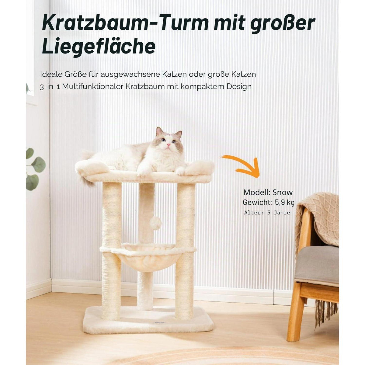 Hoher Kratzbaum für Katzen mit Hängematte & Liegefläche