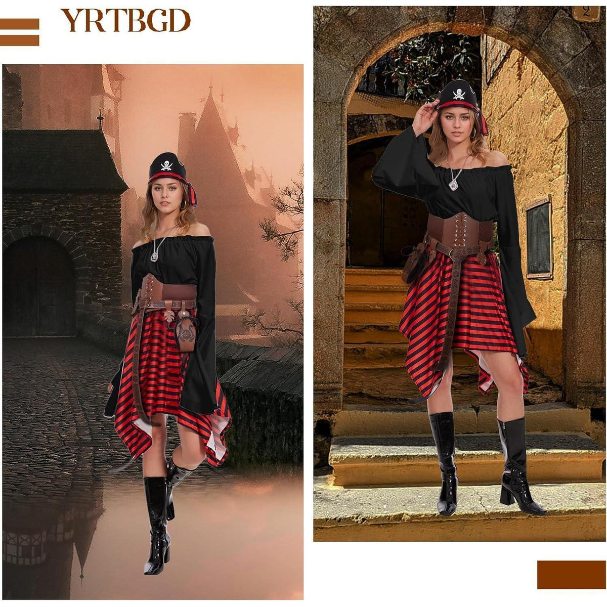 Piratenkostüm Damen Mittelalter Bluse mit Korsett & Gürteltasche Schwarz
