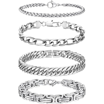 Herren Armband Set Edelstahl Panzerkette Königskette 4 Stück Silber 4/6mm 23cm