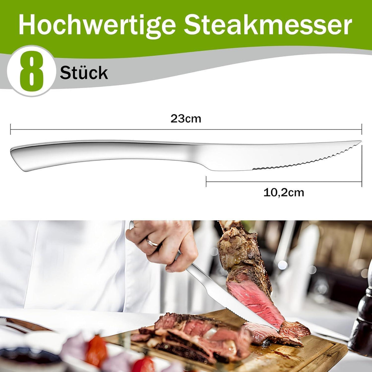 8er Steakmesser Set Edelstahl mit Wellenschliff, Pizzamesser