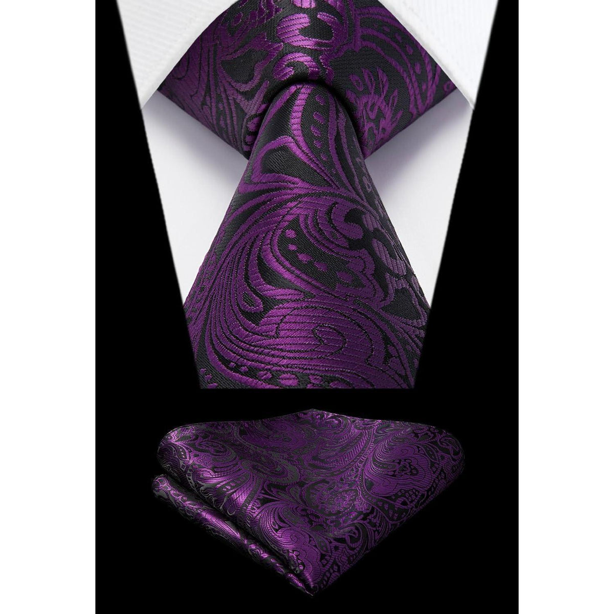 Krawatten-Set Herren: Krawatte, Einstecktuch, Manschettenknöpfe, Krawattenklammer Violett/Schwarz