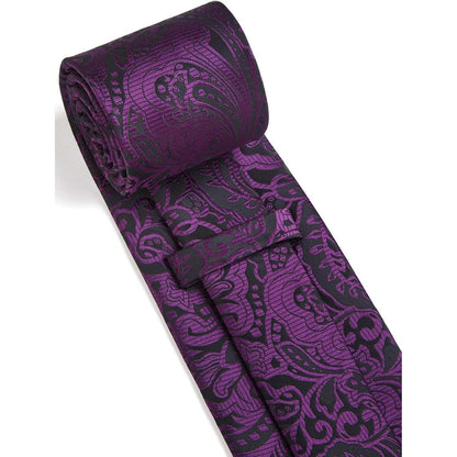 Krawatten-Set Herren: Krawatte, Einstecktuch, Manschettenknöpfe, Krawattenklammer Violett/Schwarz