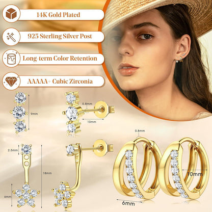 3 Paar Ohrringe Silber & Gold, 925 Sterling Silber Creolen & Stecker