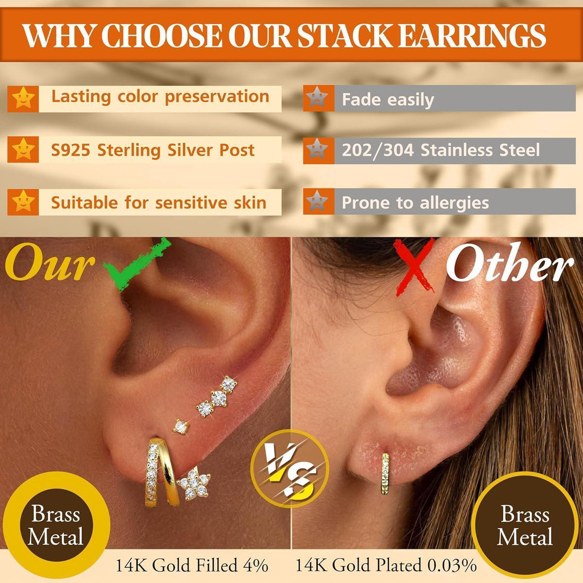 3 Paar Ohrringe Silber & Gold, 925 Sterling Silber Creolen & Stecker
