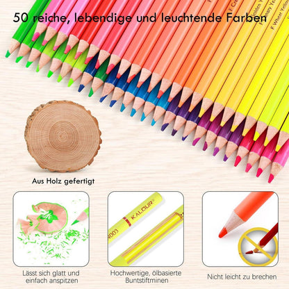 50 Neon-Buntstifte für Erwachsene – Fluoreszierendes Zeichenset