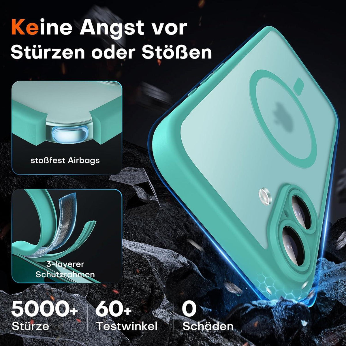 iPhone 16 Plus Hülle Magsafe Blaugrün, Kameraschutz, Stoßfest