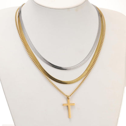 Kreuz Kette Herren Edelstahl Silber Gold Schwarz Layered