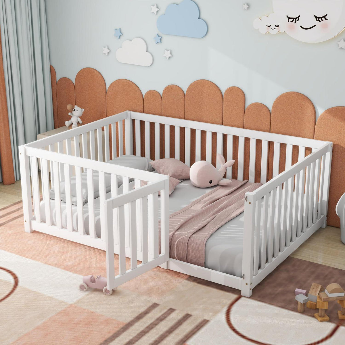 Jovify Kinderbett 140x200 cm Montessori Bodenbett mit Tür und Rausfallschutz Zaun aus Massivholz Weiß