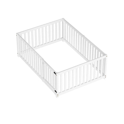 Jovify Kinderbett 140x200 cm Montessori Bodenbett mit Tür und Rausfallschutz Zaun aus Massivholz Weiß