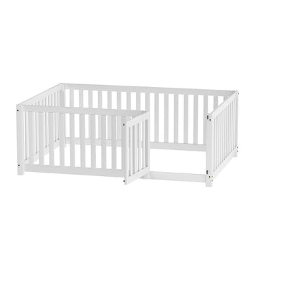 Jovify Kinderbett 140x200 cm Montessori Bodenbett mit Tür und Rausfallschutz Zaun aus Massivholz Weiß