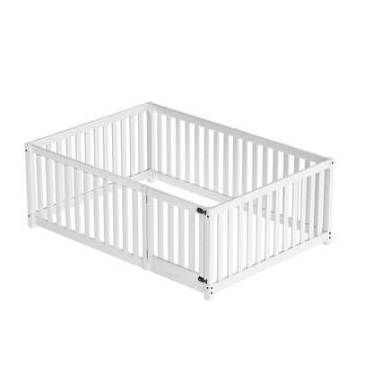 Jovify Kinderbett 140x200 cm Montessori Bodenbett mit Tür und Rausfallschutz Zaun aus Massivholz Weiß