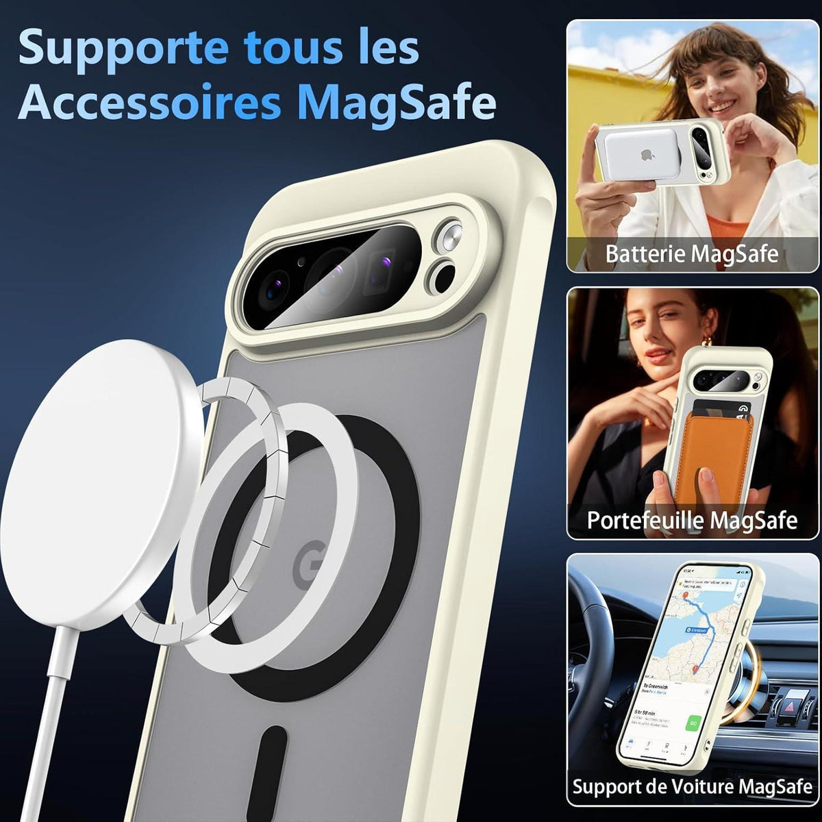 Schutzhülle für Google Pixel 9 Pro, MagSafe, Hartglas, Frost-Optik, Weiß