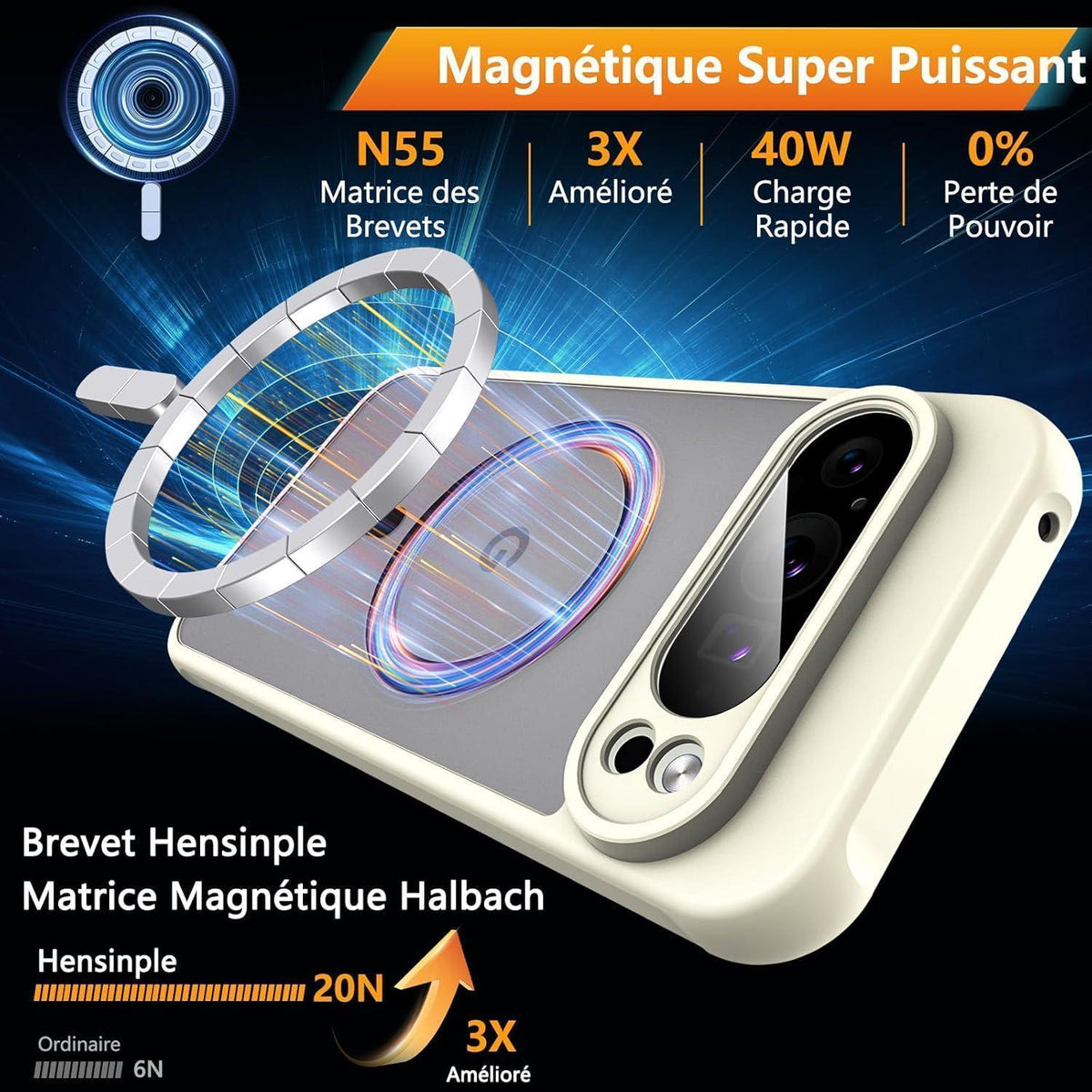 Schutzhülle für Google Pixel 9 Pro, MagSafe, Hartglas, Frost-Optik, Weiß