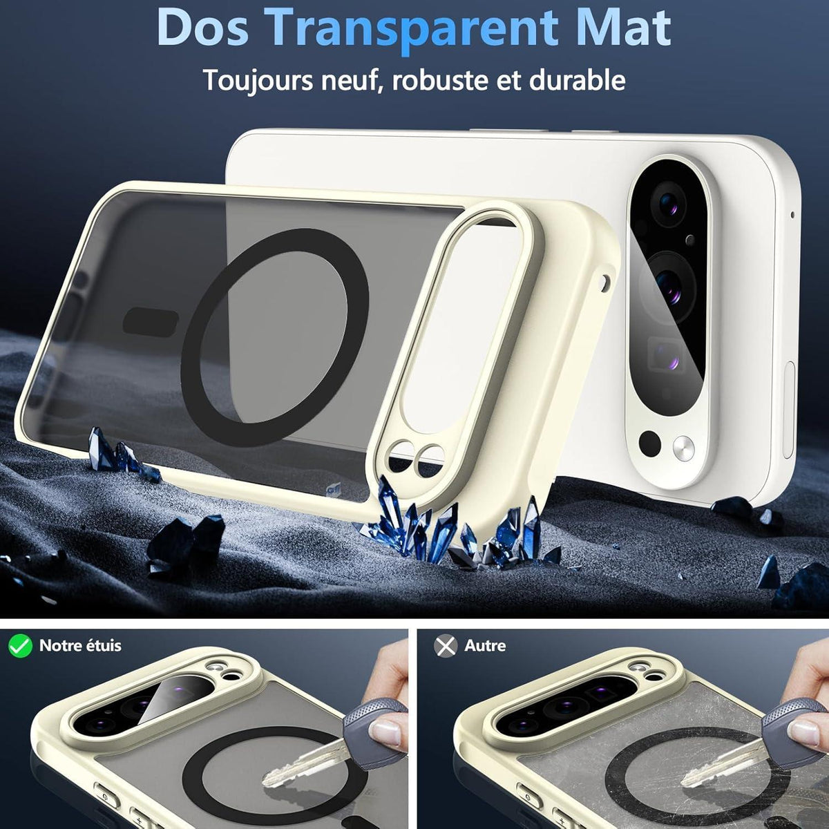 Schutzhülle für Google Pixel 9 Pro, MagSafe, Hartglas, Frost-Optik, Weiß