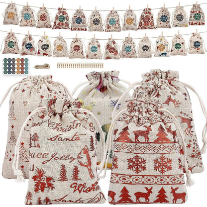 Adventskalender Beutel Weihnachtselemente 24 Stoff Säckchen