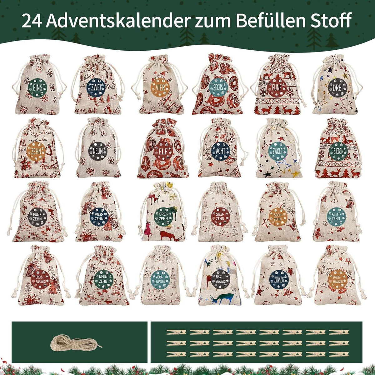 Adventskalender Stoffbeutel Weihnachtliche Motive 24-er Set