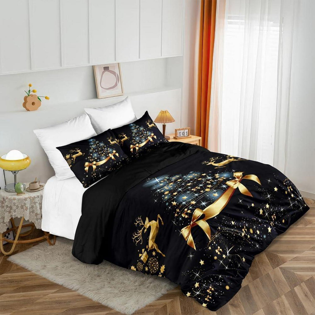 Weihnachts Bettwäsche 135x200cm 4tlg. Gold Schwarz 3D Druck