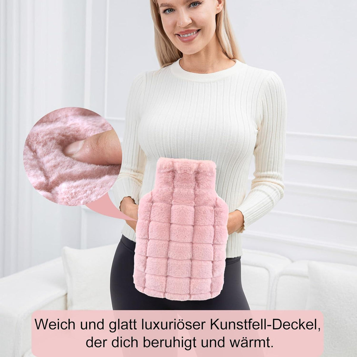 Wärmflasche 2L Naturkautschuk mit Fellbezug, Handwärmer, Pink